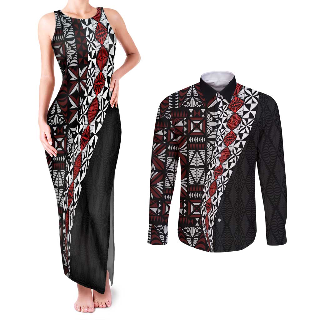 Tonga Ngatu Art Tattoo Polynesian Couples Matching Tank Maxi Dress and Long Sleeve Button Shirt LT03 Black - Polynesian Pride