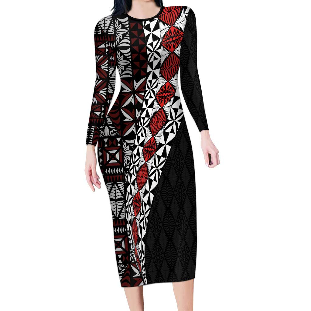 Tonga Ngatu Art Tattoo Polynesian Family Matching Long Sleeve Bodycon Dress and Hawaiian Shirt LT03 Mom's Dress Black - Polynesian Pride