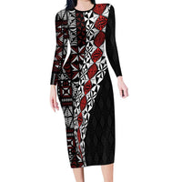 Tonga Ngatu Art Tattoo Polynesian Family Matching Long Sleeve Bodycon Dress and Hawaiian Shirt LT03 Mom's Dress Black - Polynesian Pride