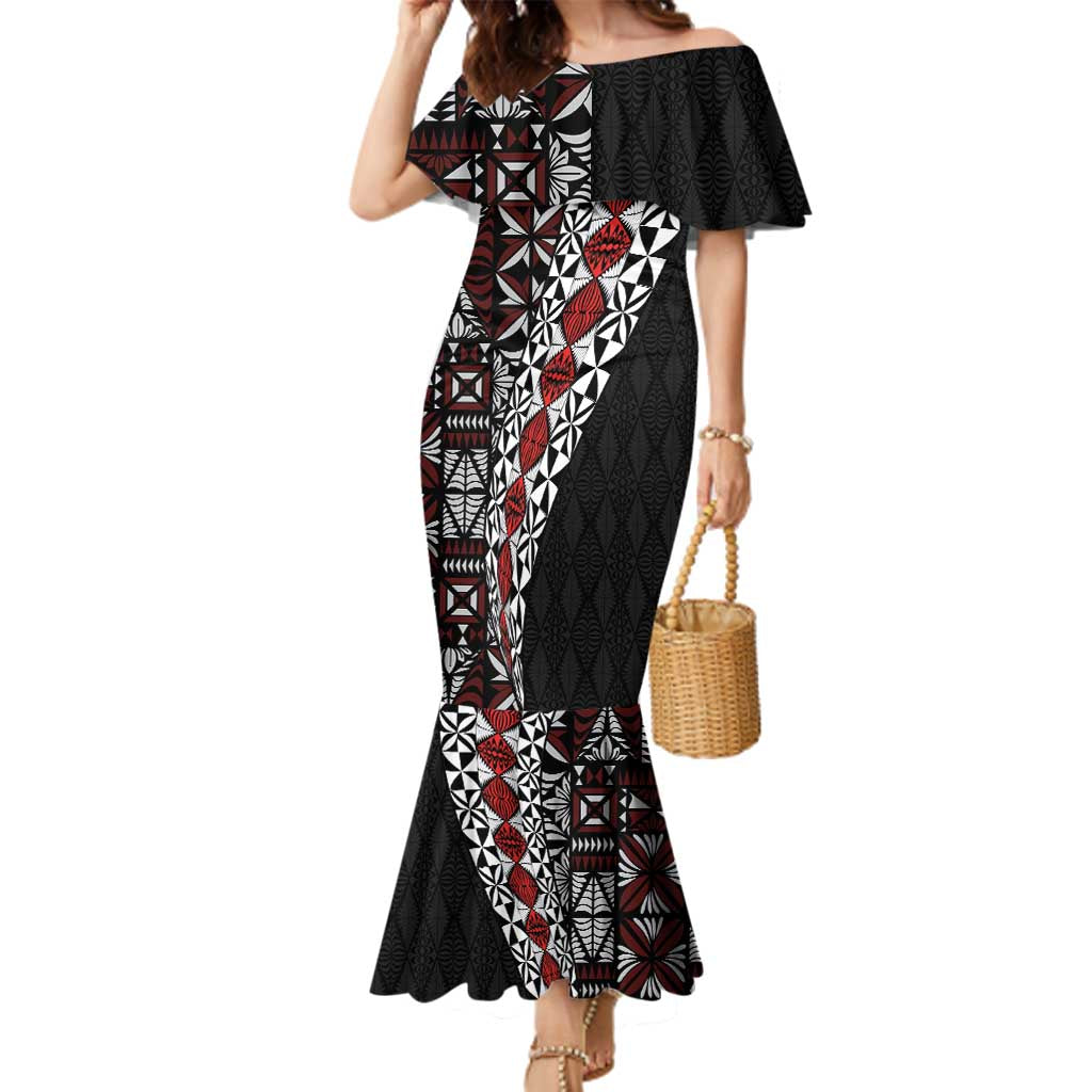 Tonga Ngatu Art Tattoo Polynesian Family Matching Mermaid Dress and Hawaiian Shirt LT03 Mom's Dress Black - Polynesian Pride