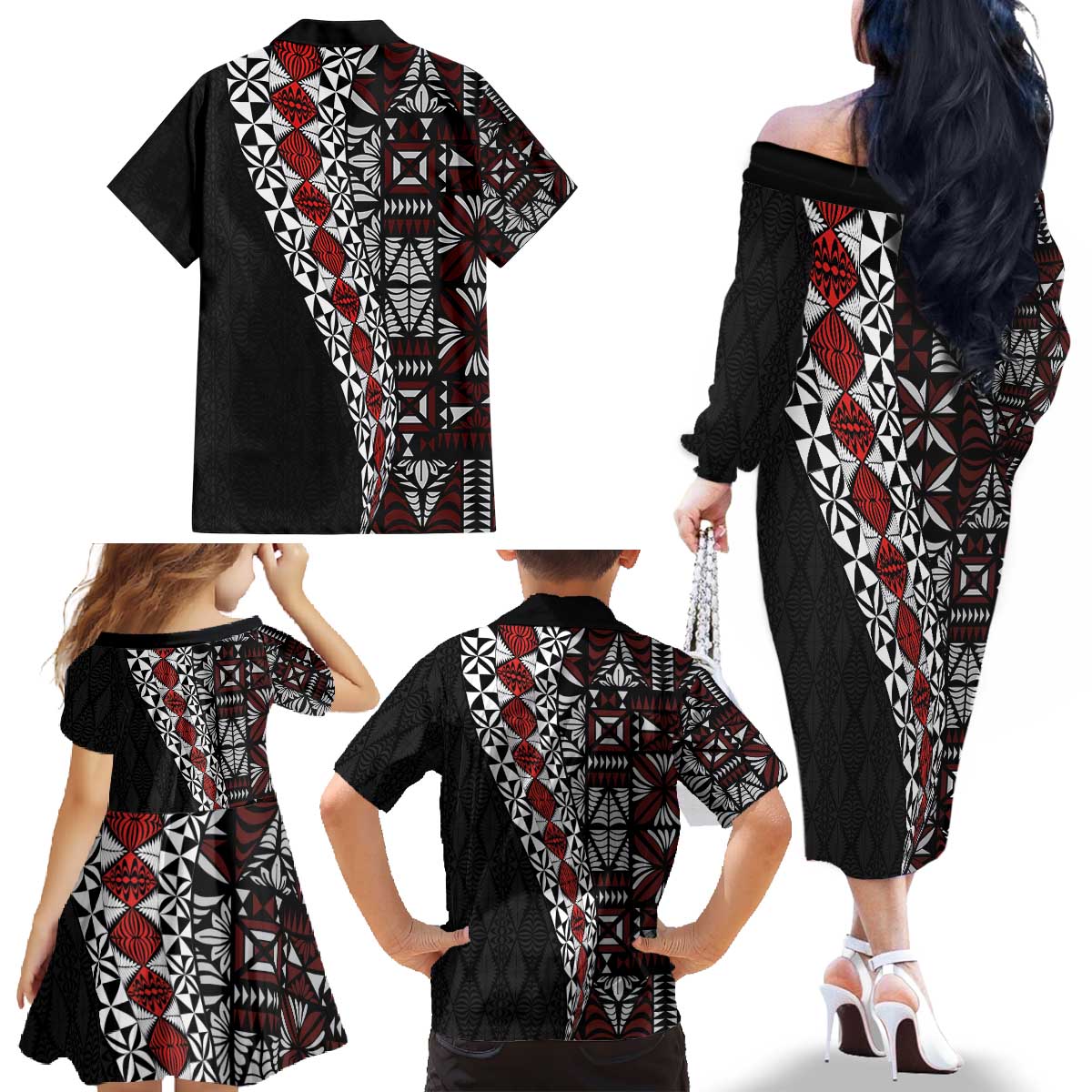 Tonga Ngatu Art Tattoo Polynesian Family Matching Off The Shoulder Long Sleeve Dress and Hawaiian Shirt LT03 - Polynesian Pride