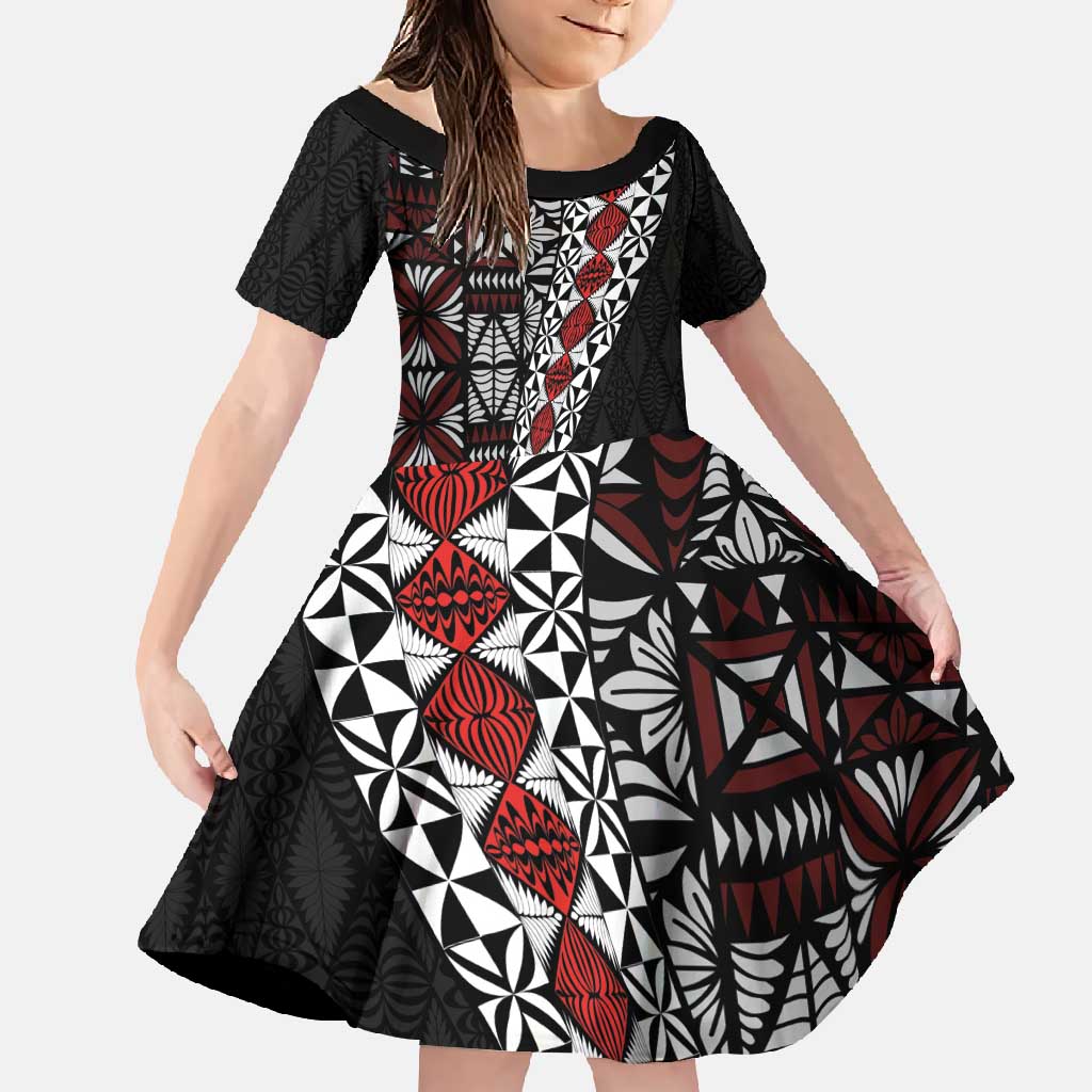 Tonga Ngatu Art Tattoo Polynesian Family Matching Off Shoulder Maxi Dress and Hawaiian Shirt LT03 Daughter's Dress Black - Polynesian Pride