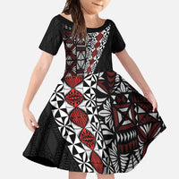 Tonga Ngatu Art Tattoo Polynesian Family Matching Off Shoulder Maxi Dress and Hawaiian Shirt LT03 Daughter's Dress Black - Polynesian Pride