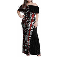 Tonga Ngatu Art Tattoo Polynesian Family Matching Off Shoulder Maxi Dress and Hawaiian Shirt LT03 Mom's Dress Black - Polynesian Pride