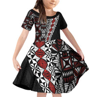 Tonga Ngatu Art Tattoo Polynesian Family Matching Off Shoulder Short Dress and Hawaiian Shirt LT03 Daughter's Dress Black - Polynesian Pride