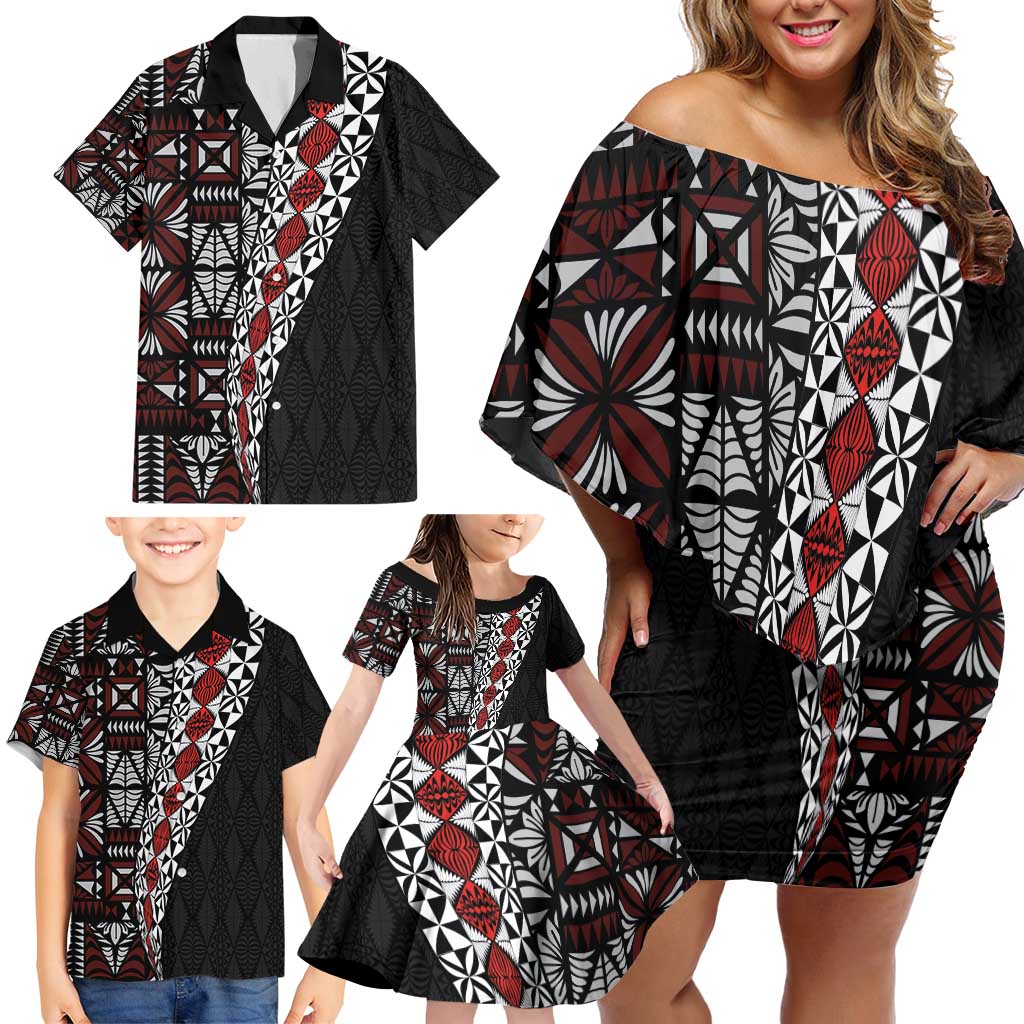 Tonga Ngatu Art Tattoo Polynesian Family Matching Off Shoulder Short Dress and Hawaiian Shirt LT03 - Polynesian Pride