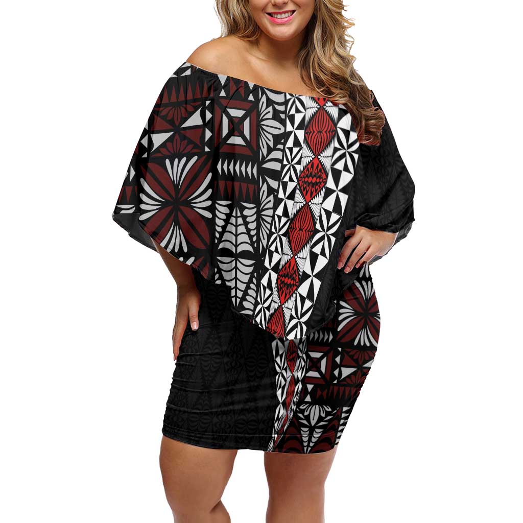 Tonga Ngatu Art Tattoo Polynesian Family Matching Off Shoulder Short Dress and Hawaiian Shirt LT03 Mom's Dress Black - Polynesian Pride