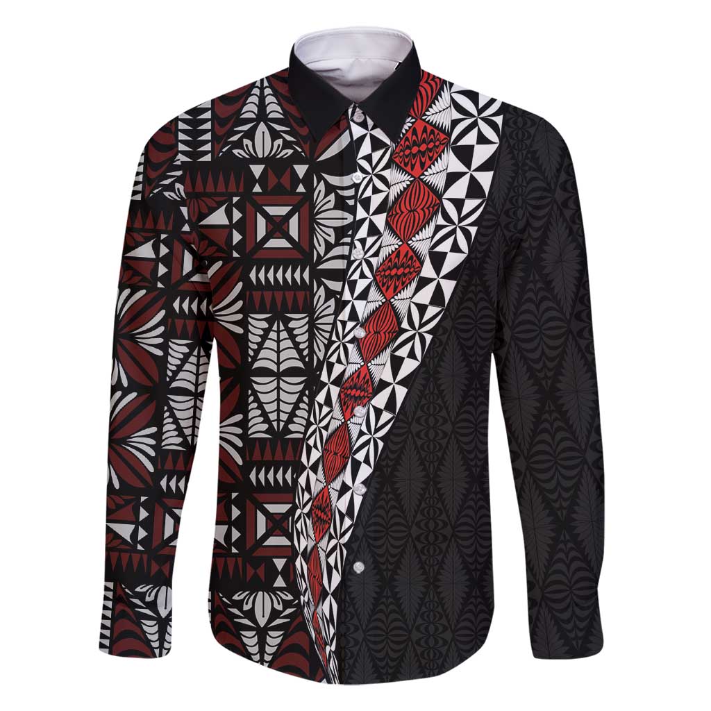 Tonga Ngatu Art Tattoo Polynesian Family Matching Summer Maxi Dress and Hawaiian Shirt LT03 Dad's Shirt - Long Sleeve Black - Polynesian Pride
