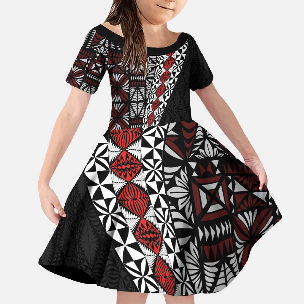Tonga Ngatu Art Tattoo Polynesian Family Matching Tank Maxi Dress and Hawaiian Shirt LT03 Daughter's Dress Black - Polynesian Pride