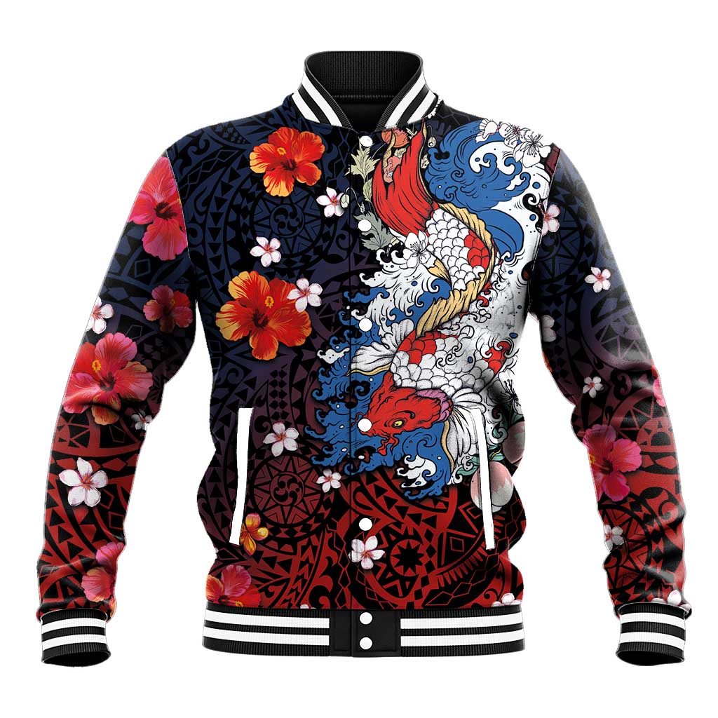 Hawaiian and Japanese Together Baseball Jacket Hibiscus and Koi Fish Polynesian Pattern Colorful Style LT03 Unisex Red - Polynesian Pride