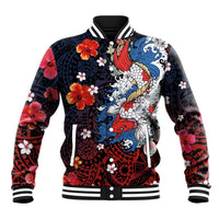 Hawaiian and Japanese Together Baseball Jacket Hibiscus and Koi Fish Polynesian Pattern Colorful Style LT03 Unisex Red - Polynesian Pride