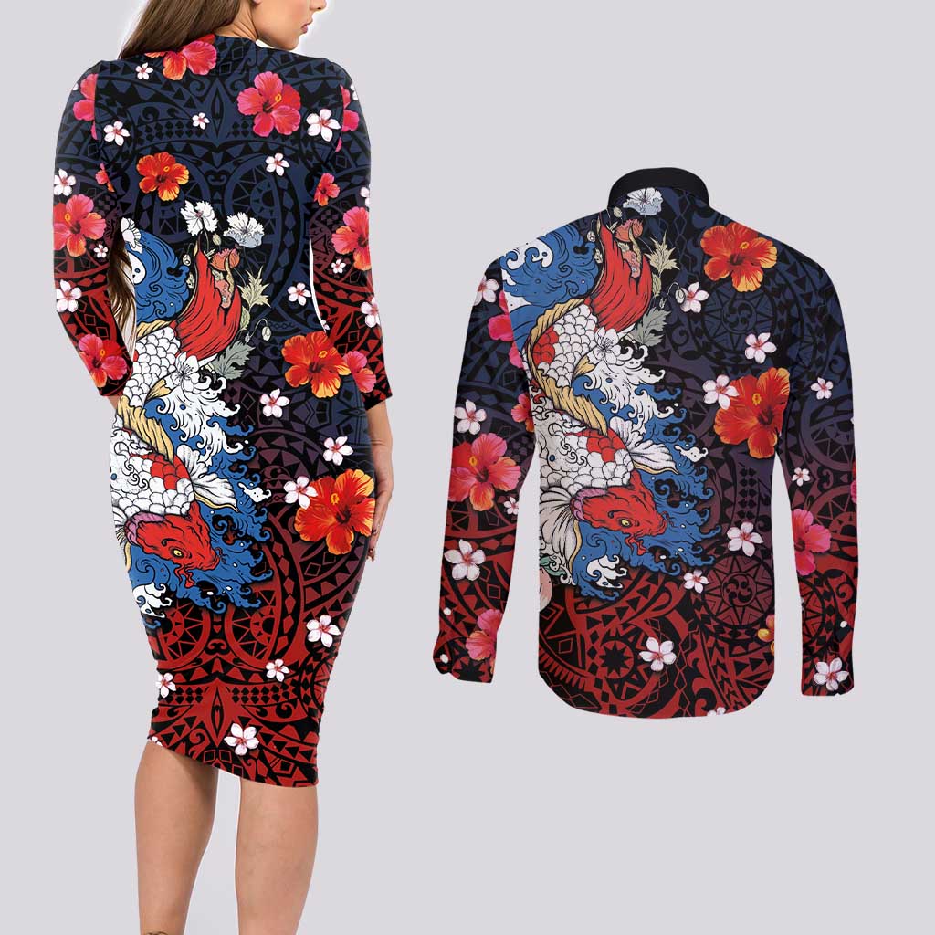 Hawaiian and Japanese Together Couples Matching Long Sleeve Bodycon Dress and Long Sleeve Button Shirt Hibiscus and Koi Fish Polynesian Pattern Colorful Style