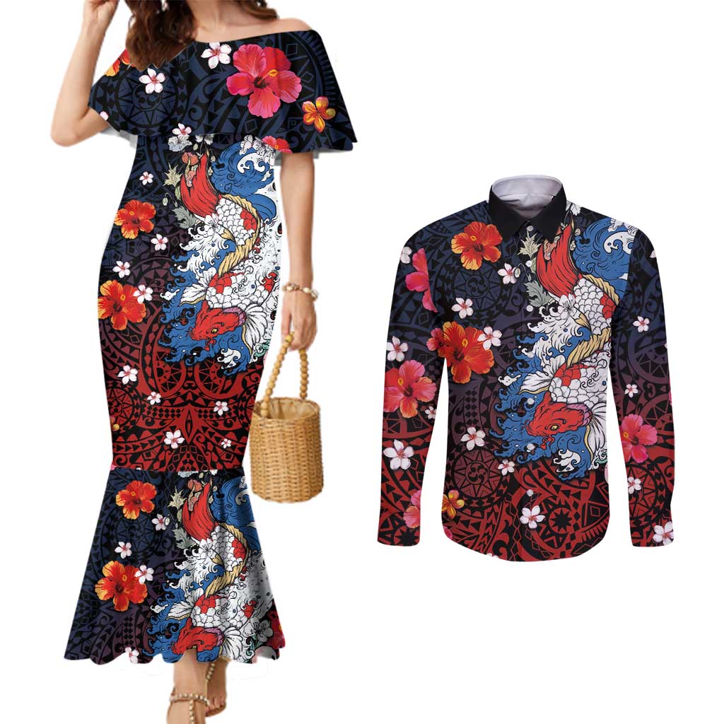 Hawaiian and Japanese Together Couples Matching Mermaid Dress and Long Sleeve Button Shirt Hibiscus and Koi Fish Polynesian Pattern Colorful Style