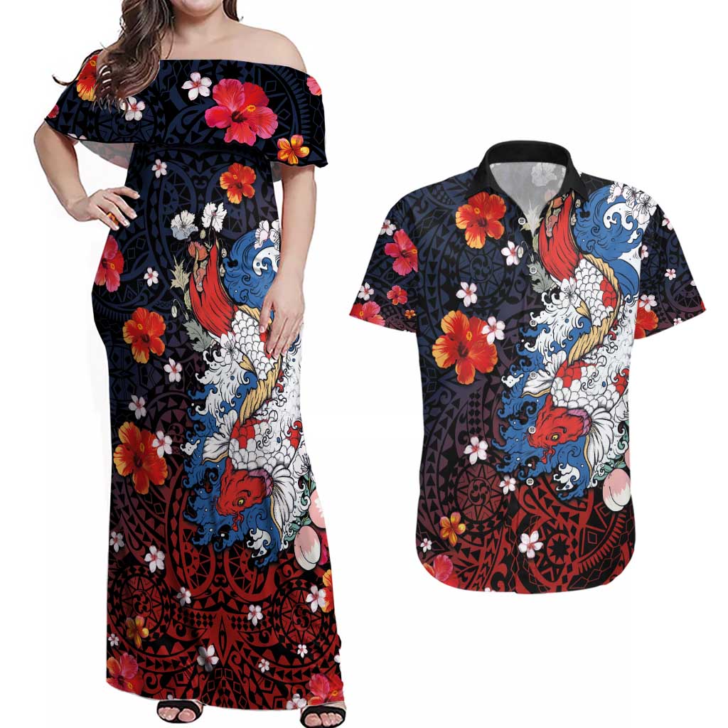 Hawaiian and Japanese Together Couples Matching Off Shoulder Maxi Dress and Hawaiian Shirt Hibiscus and Koi Fish Polynesian Pattern Colorful Style LT03 Red - Polynesian Pride