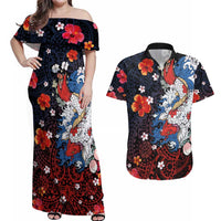Hawaiian and Japanese Together Couples Matching Off Shoulder Maxi Dress and Hawaiian Shirt Hibiscus and Koi Fish Polynesian Pattern Colorful Style LT03 Red - Polynesian Pride