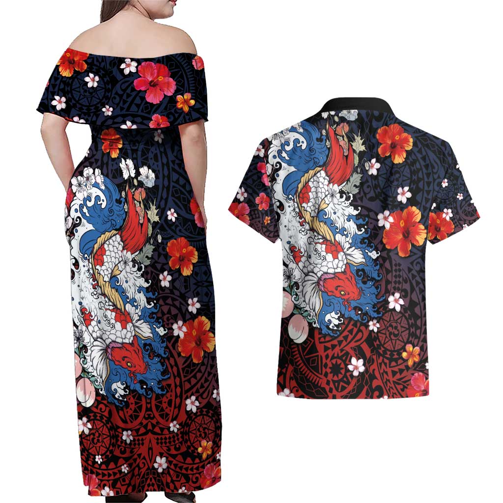 Hawaiian and Japanese Together Couples Matching Off Shoulder Maxi Dress and Hawaiian Shirt Hibiscus and Koi Fish Polynesian Pattern Colorful Style LT03 - Polynesian Pride