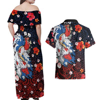 Hawaiian and Japanese Together Couples Matching Off Shoulder Maxi Dress and Hawaiian Shirt Hibiscus and Koi Fish Polynesian Pattern Colorful Style LT03 - Polynesian Pride