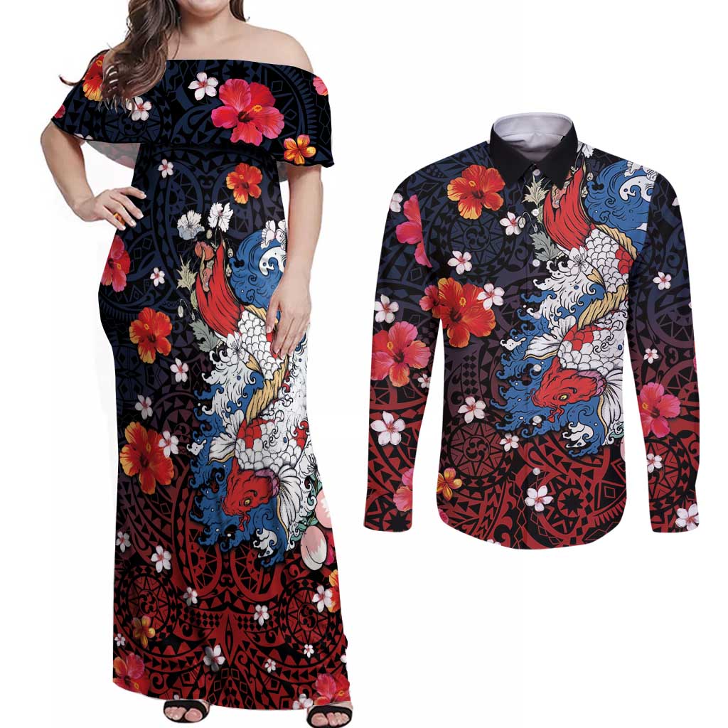 Hawaiian and Japanese Together Couples Matching Off Shoulder Maxi Dress and Long Sleeve Button Shirt Hibiscus and Koi Fish Polynesian Pattern Colorful Style