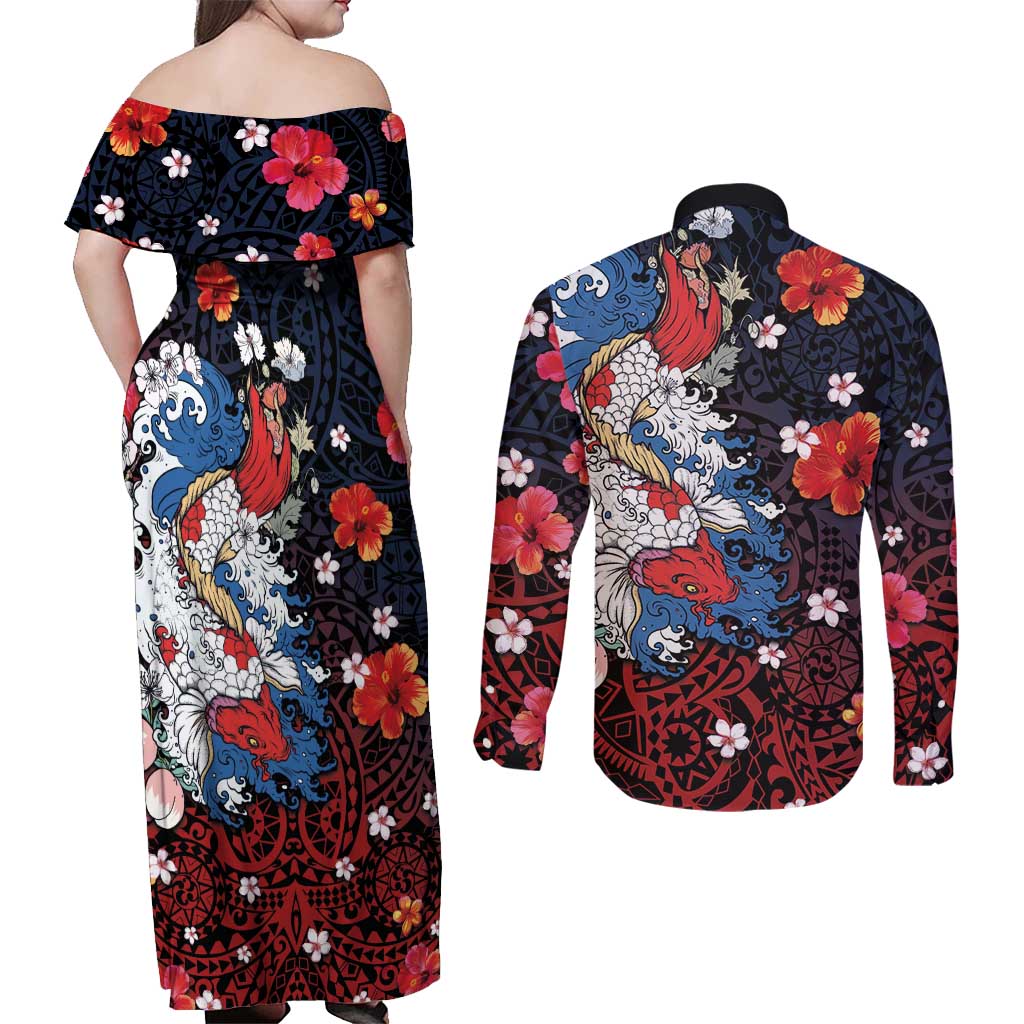 Hawaiian and Japanese Together Couples Matching Off Shoulder Maxi Dress and Long Sleeve Button Shirt Hibiscus and Koi Fish Polynesian Pattern Colorful Style