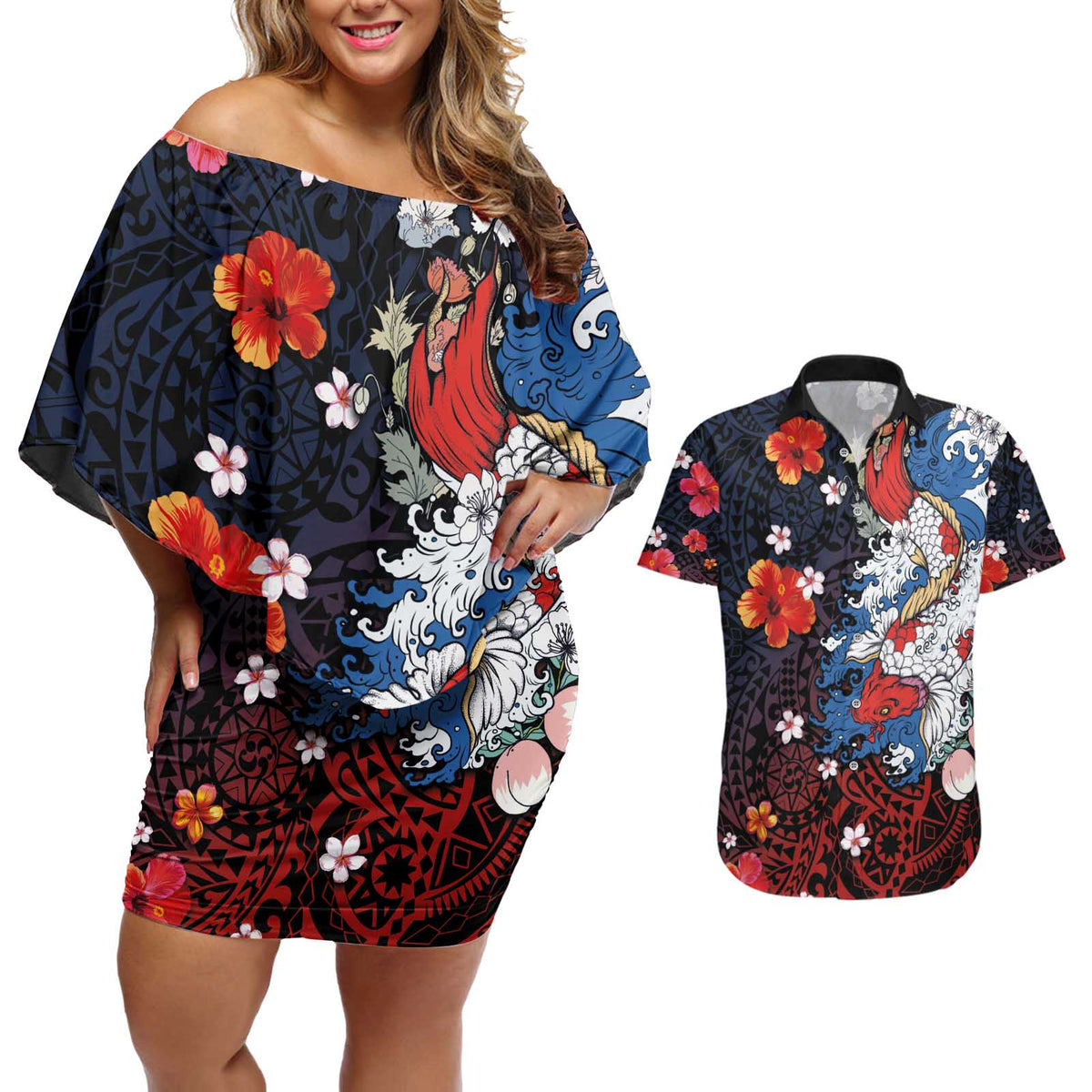 Hawaiian and Japanese Together Couples Matching Off Shoulder Short Dress and Hawaiian Shirt Hibiscus and Koi Fish Polynesian Pattern Colorful Style