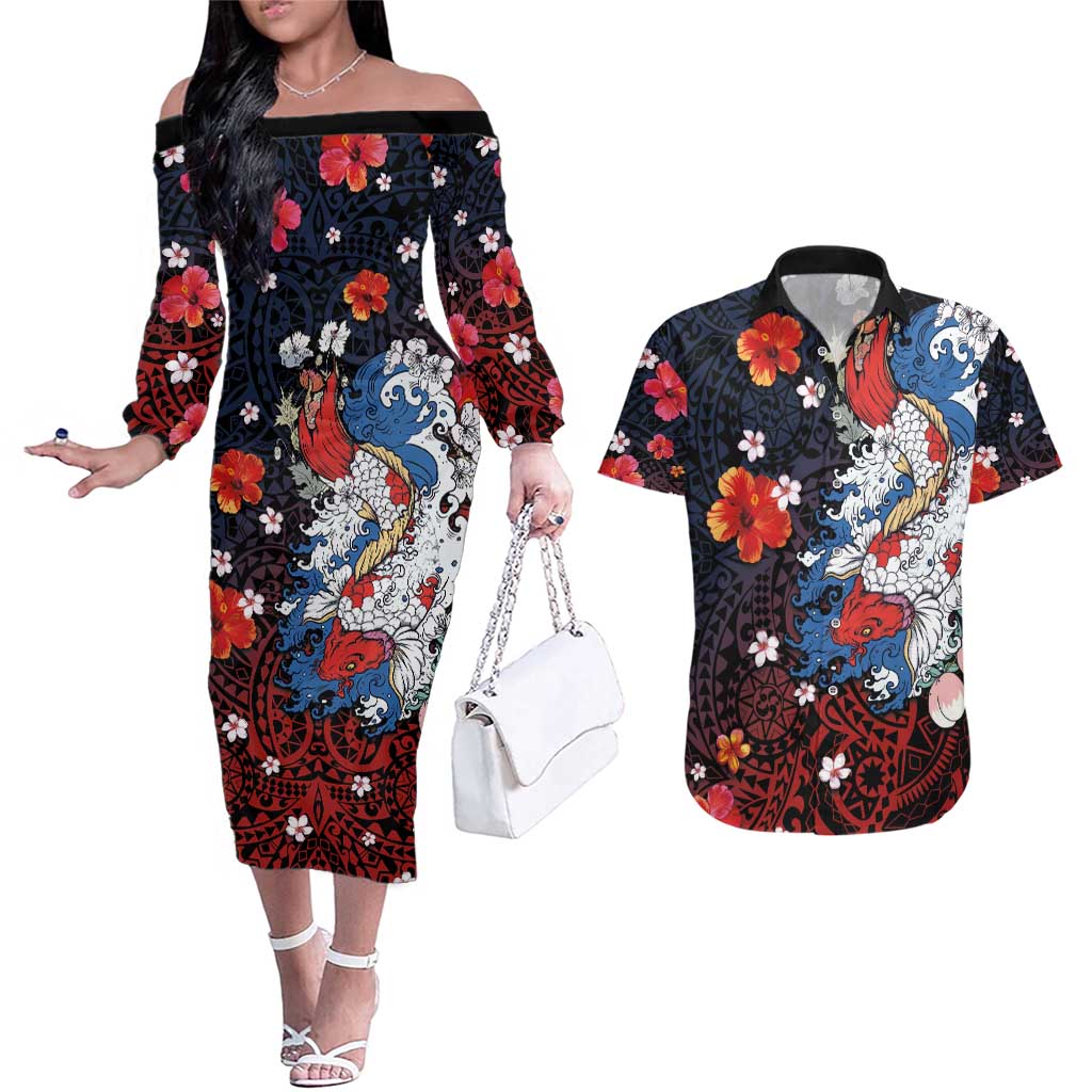 Hawaiian and Japanese Together Couples Matching Off The Shoulder Long Sleeve Dress and Hawaiian Shirt Hibiscus and Koi Fish Polynesian Pattern Colorful Style