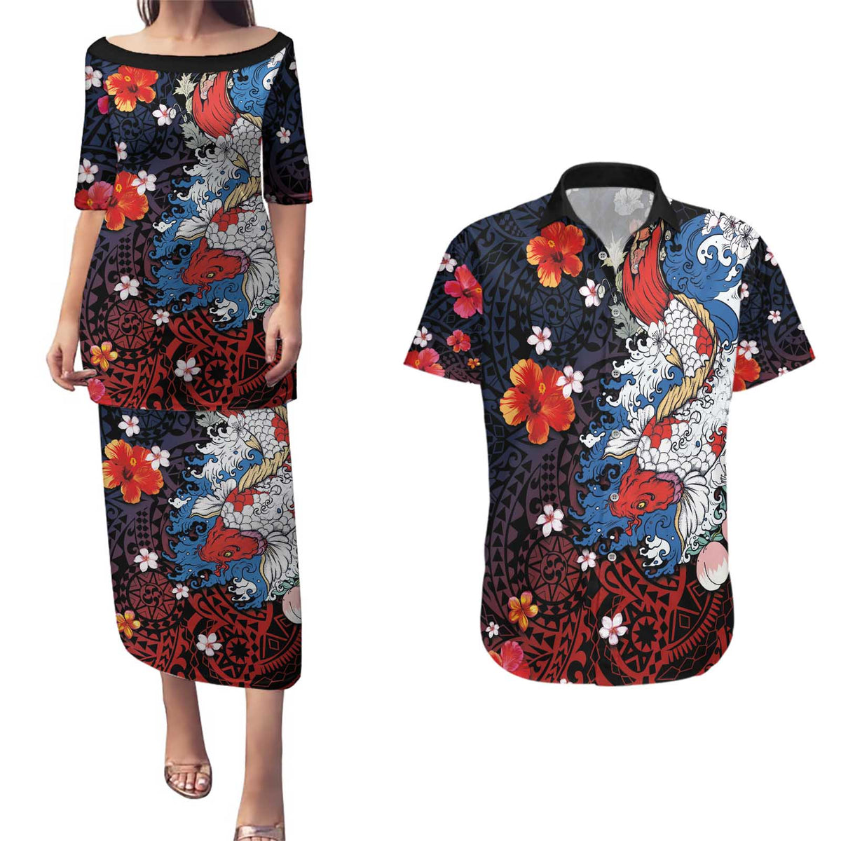 Hawaiian and Japanese Together Couples Matching Puletasi and Hawaiian Shirt Hibiscus and Koi Fish Polynesian Pattern Colorful Style LT03 Red - Polynesian Pride