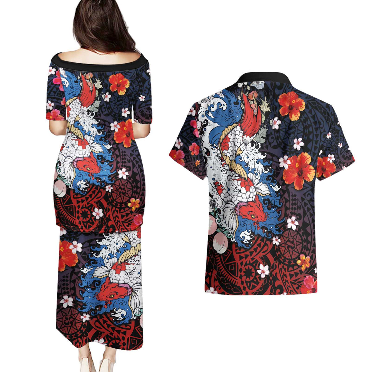 Hawaiian and Japanese Together Couples Matching Puletasi and Hawaiian Shirt Hibiscus and Koi Fish Polynesian Pattern Colorful Style LT03 - Polynesian Pride