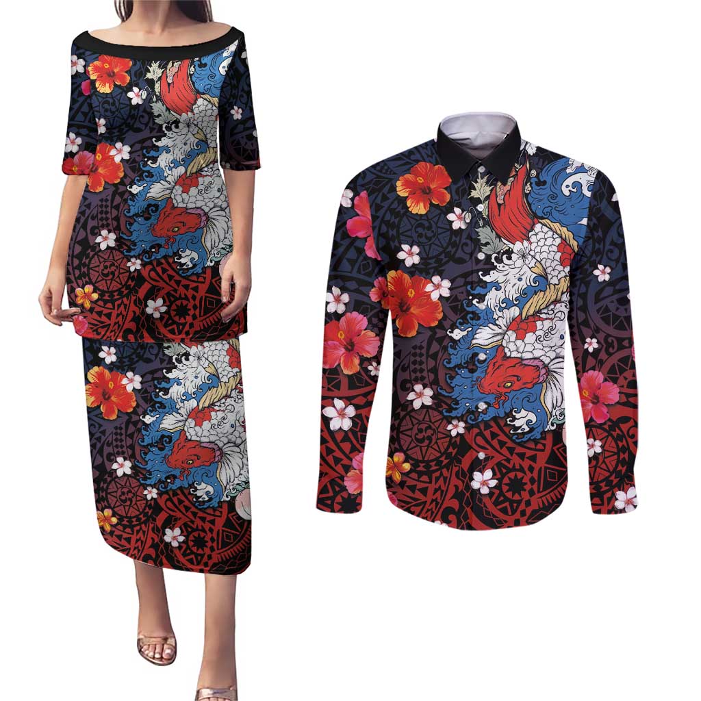 Hawaiian and Japanese Together Couples Matching Puletasi and Long Sleeve Button Shirt Hibiscus and Koi Fish Polynesian Pattern Colorful Style LT03 Red - Polynesian Pride