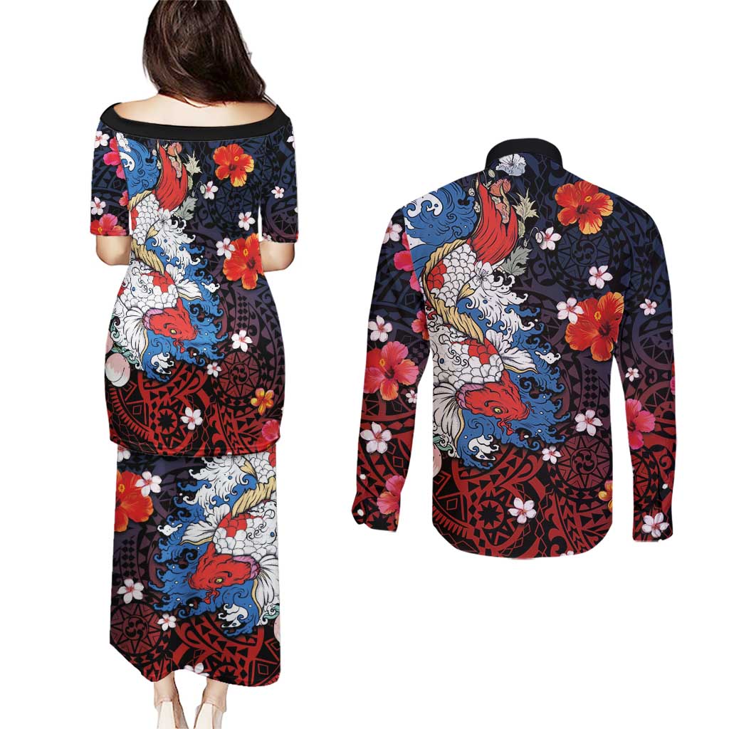 Hawaiian and Japanese Together Couples Matching Puletasi and Long Sleeve Button Shirt Hibiscus and Koi Fish Polynesian Pattern Colorful Style LT03 - Polynesian Pride