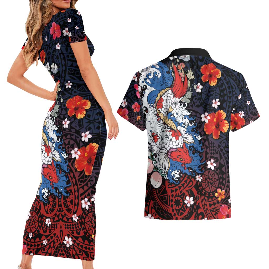Hawaiian and Japanese Together Couples Matching Short Sleeve Bodycon Dress and Hawaiian Shirt Hibiscus and Koi Fish Polynesian Pattern Colorful Style LT03 - Polynesian Pride