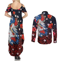 Hawaiian and Japanese Together Couples Matching Summer Maxi Dress and Long Sleeve Button Shirt Hibiscus and Koi Fish Polynesian Pattern Colorful Style