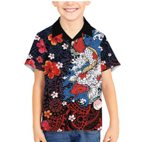 Hawaiian and Japanese Together Family Matching Mermaid Dress and Hawaiian Shirt Hibiscus and Koi Fish Polynesian Pattern Colorful Style LT03 Son's Shirt Red - Polynesian Pride