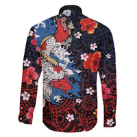 Hawaiian and Japanese Together Family Matching Off The Shoulder Long Sleeve Dress and Hawaiian Shirt Hibiscus and Koi Fish Polynesian Pattern Colorful Style