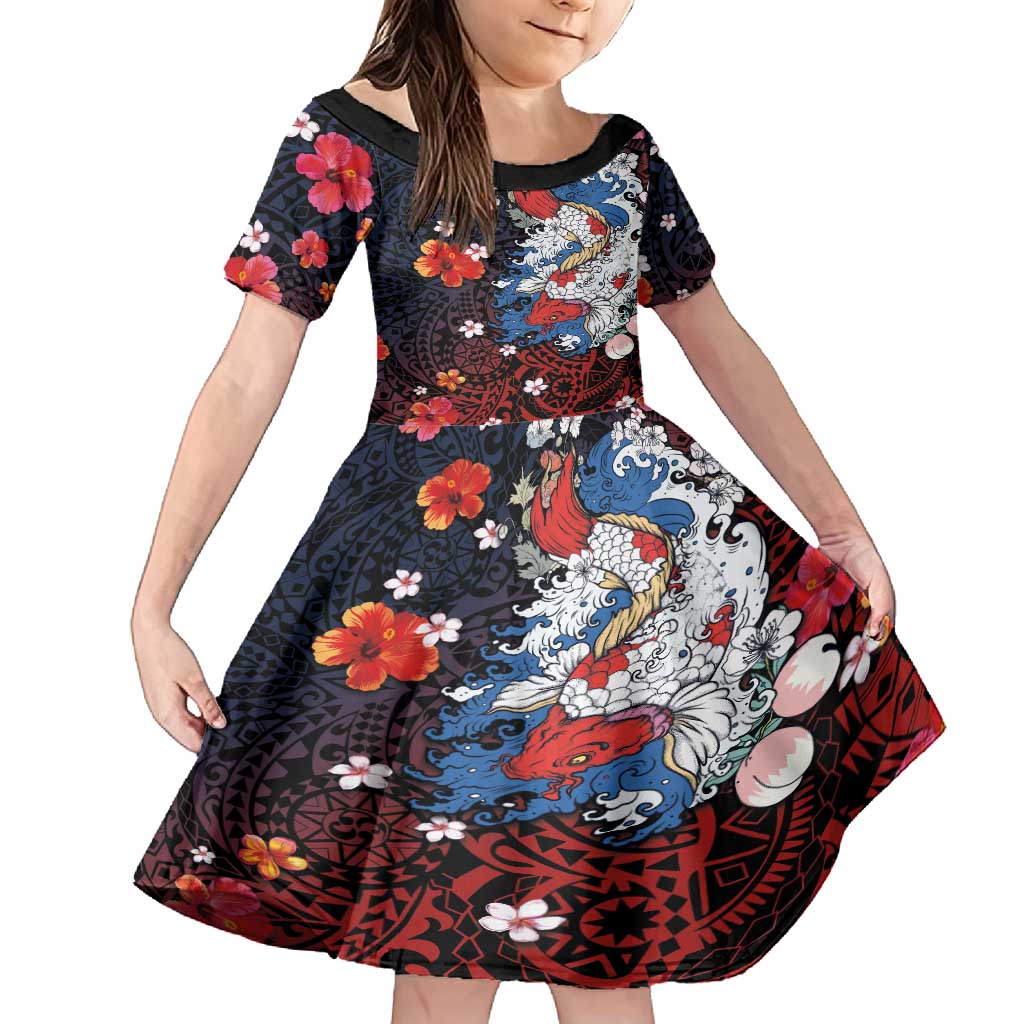 Hawaiian and Japanese Together Family Matching Off Shoulder Maxi Dress and Hawaiian Shirt Hibiscus and Koi Fish Polynesian Pattern Colorful Style LT03 Daughter's Dress Red - Polynesian Pride
