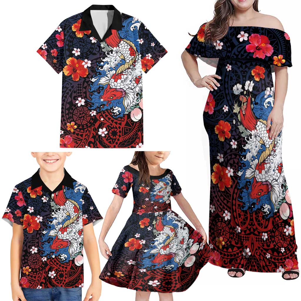 Hawaiian and Japanese Together Family Matching Off Shoulder Maxi Dress and Hawaiian Shirt Hibiscus and Koi Fish Polynesian Pattern Colorful Style LT03 - Polynesian Pride