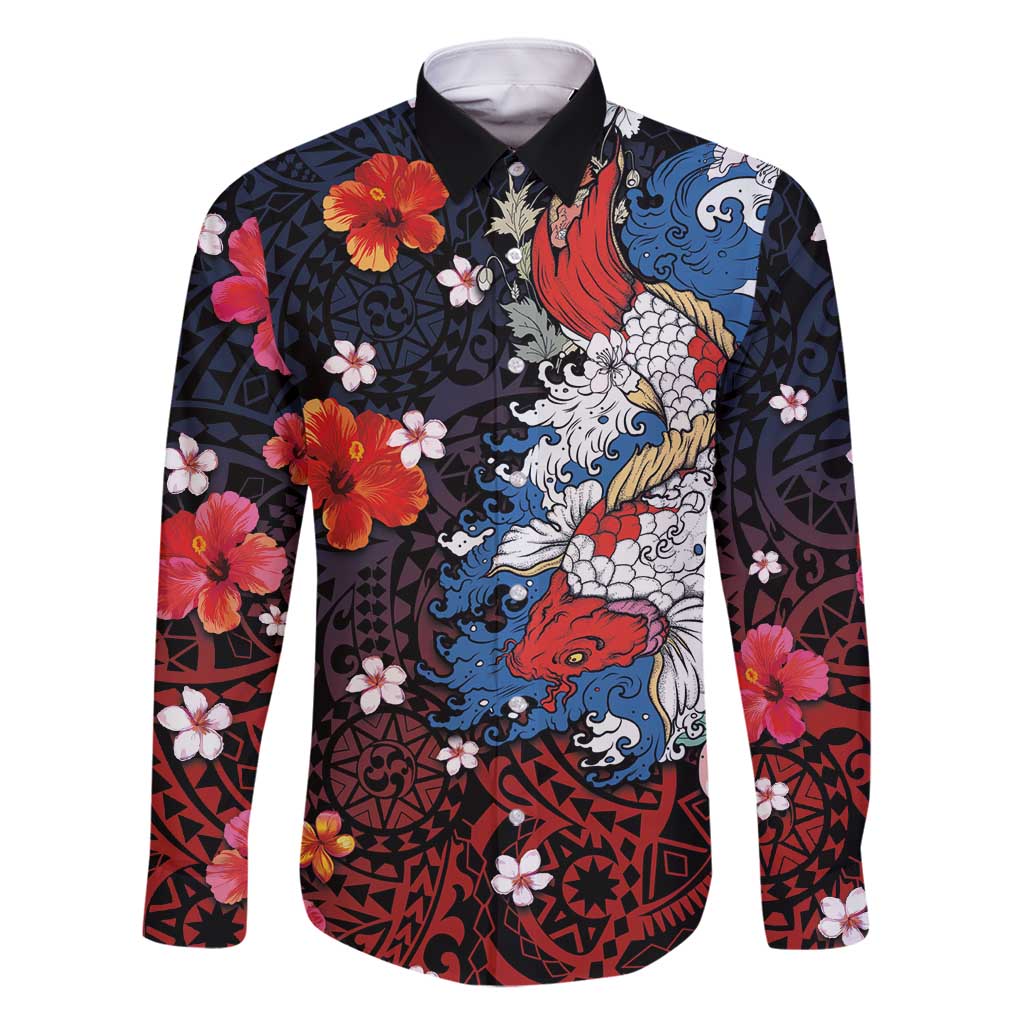 Hawaiian and Japanese Together Family Matching Off Shoulder Maxi Dress and Hawaiian Shirt Hibiscus and Koi Fish Polynesian Pattern Colorful Style LT03 Dad's Shirt - Long Sleeve Red - Polynesian Pride