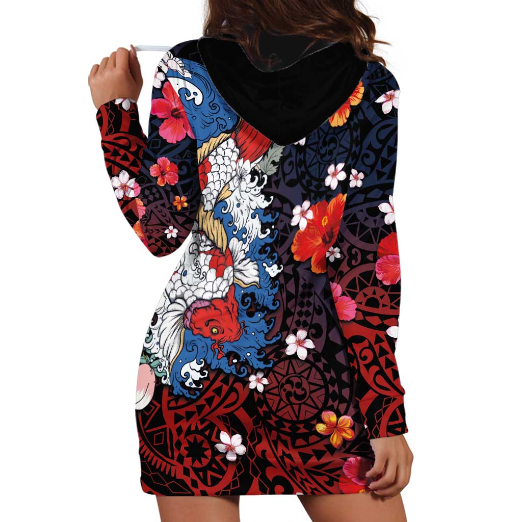 Hawaiian and Japanese Together Hoodie Dress Hibiscus and Koi Fish Polynesian Pattern Colorful Style LT03 - Polynesian Pride
