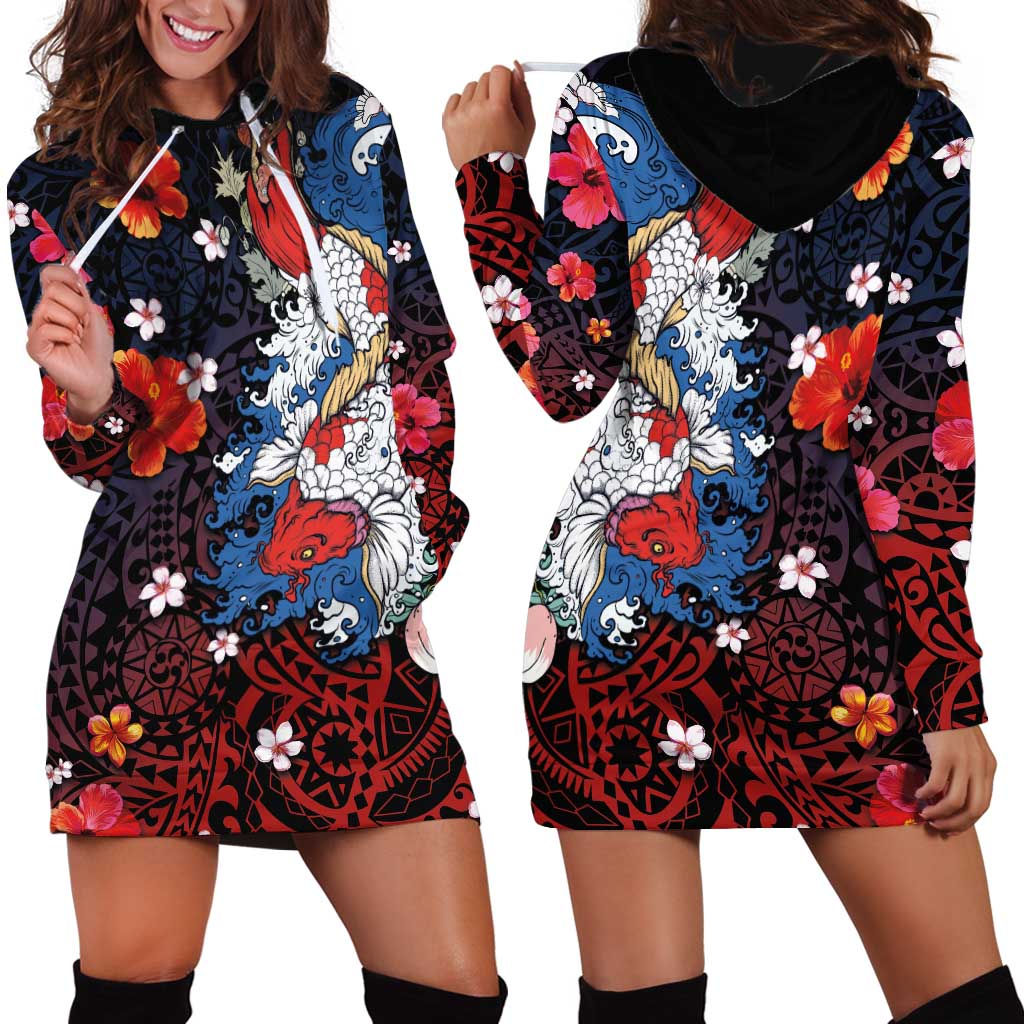 Hawaiian and Japanese Together Hoodie Dress Hibiscus and Koi Fish Polynesian Pattern Colorful Style LT03 - Polynesian Pride
