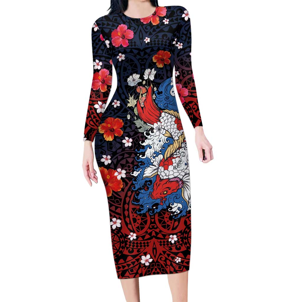 Hawaiian and Japanese Together Long Sleeve Bodycon Dress Hibiscus and Koi Fish Polynesian Pattern Colorful Style LT03 Long Dress Red - Polynesian Pride