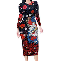 Hawaiian and Japanese Together Long Sleeve Bodycon Dress Hibiscus and Koi Fish Polynesian Pattern Colorful Style LT03 Long Dress Red - Polynesian Pride