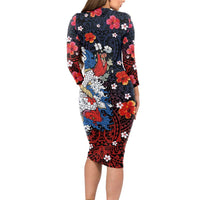 Hawaiian and Japanese Together Long Sleeve Bodycon Dress Hibiscus and Koi Fish Polynesian Pattern Colorful Style LT03 - Polynesian Pride