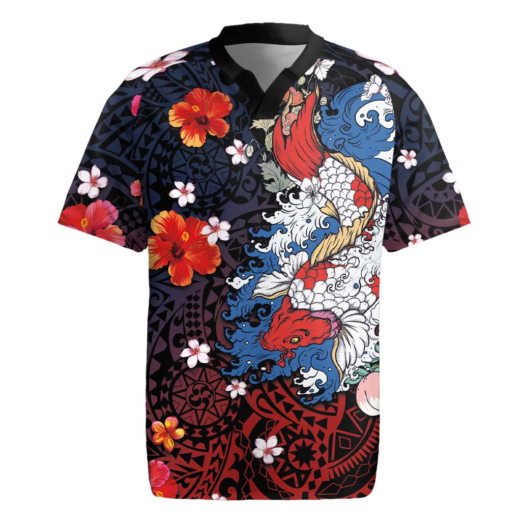 Hawaiian and Japanese Together Rugby Jersey Hibiscus and Koi Fish Polynesian Pattern Colorful Style LT03 Red - Polynesian Pride