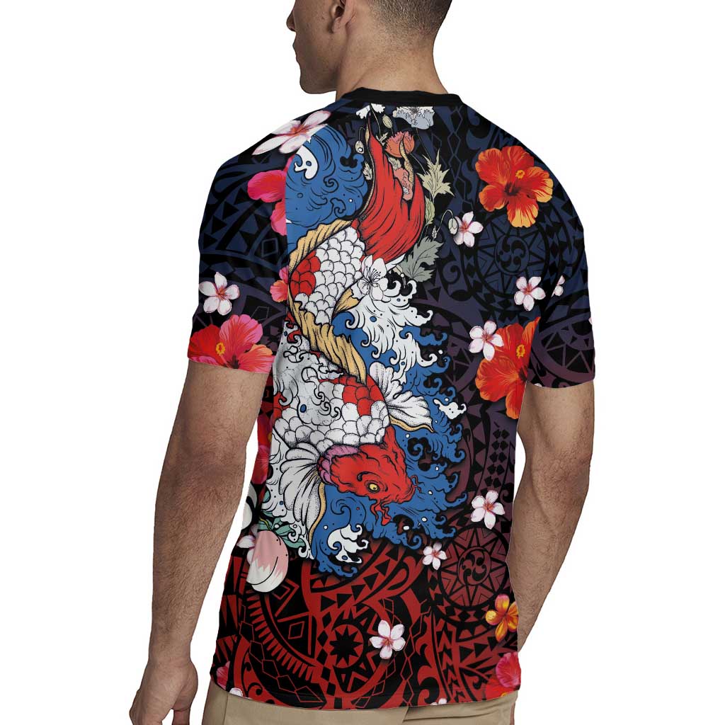 Hawaiian and Japanese Together Rugby Jersey Hibiscus and Koi Fish Polynesian Pattern Colorful Style LT03 - Polynesian Pride