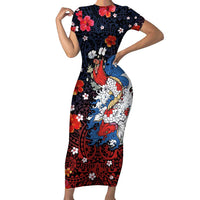 Hawaiian and Japanese Together Short Sleeve Bodycon Dress Hibiscus and Koi Fish Polynesian Pattern Colorful Style LT03 Long Dress Red - Polynesian Pride