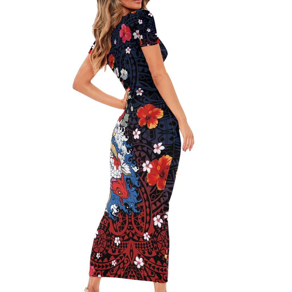 Hawaiian and Japanese Together Short Sleeve Bodycon Dress Hibiscus and Koi Fish Polynesian Pattern Colorful Style LT03 - Polynesian Pride