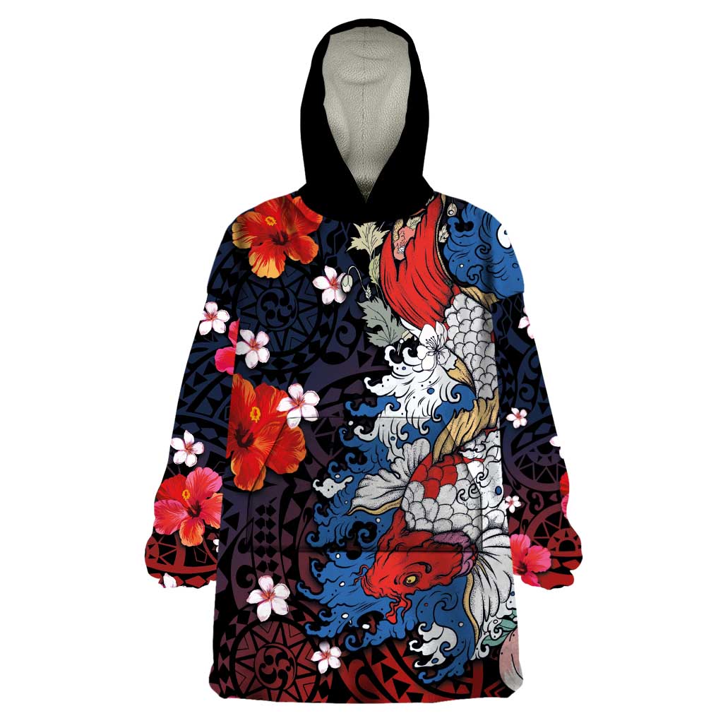 Hawaiian and Japanese Together Wearable Blanket Hoodie Hibiscus and Koi Fish Polynesian Pattern Colorful Style LT03 One Size Red - Polynesian Pride
