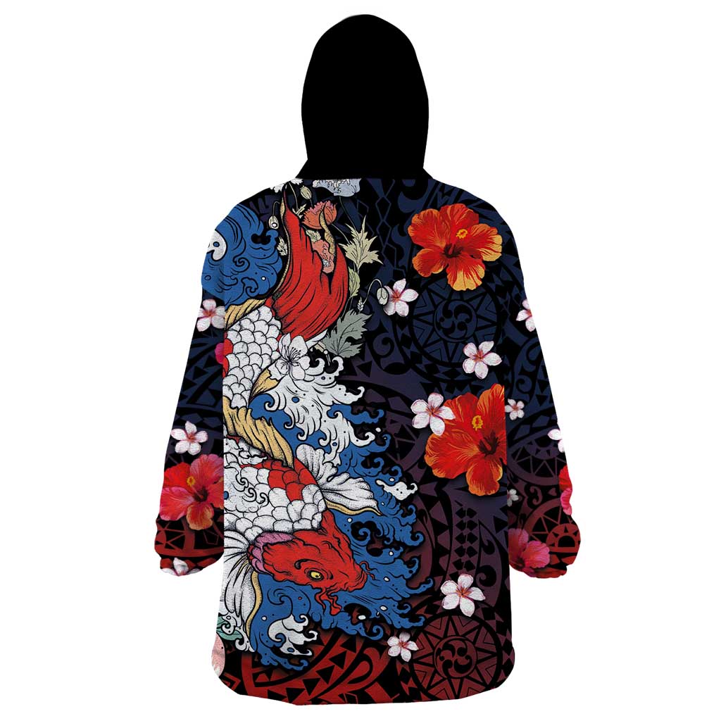 Hawaiian and Japanese Together Wearable Blanket Hoodie Hibiscus and Koi Fish Polynesian Pattern Colorful Style LT03 - Polynesian Pride