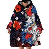 Hawaiian and Japanese Together Wearable Blanket Hoodie Hibiscus and Koi Fish Polynesian Pattern Colorful Style LT03 - Polynesian Pride