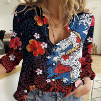 Hawaiian and Japanese Together Women Casual Shirt Hibiscus and Koi Fish Polynesian Pattern Colorful Style LT03 Female Red - Polynesian Pride
