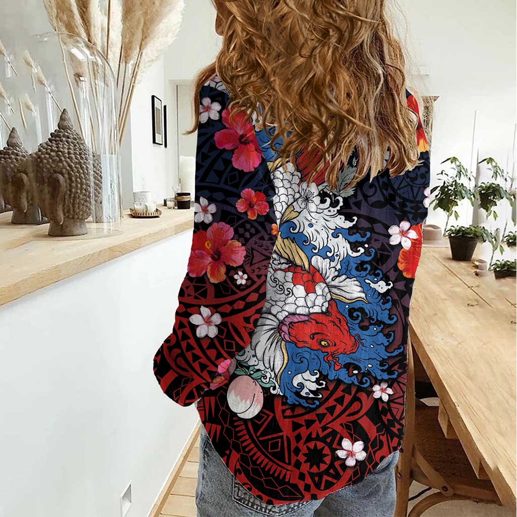 Hawaiian and Japanese Together Women Casual Shirt Hibiscus and Koi Fish Polynesian Pattern Colorful Style LT03 - Polynesian Pride